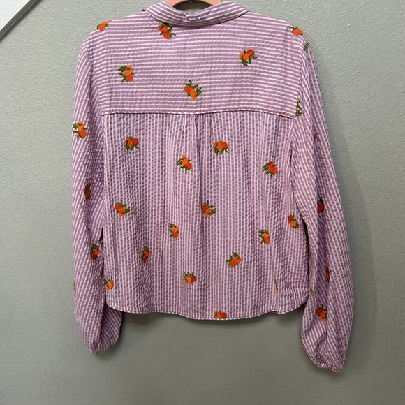 Anthropologie Maeve Pink Seersucker
Embroidered orange Bishop Sleeve, size large - Picture 10 of 13